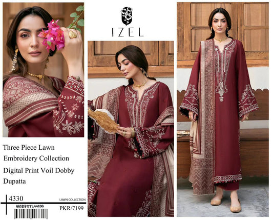 IZEL 3 Piece Lawn With Digital Print Viol Dobby Dupatta