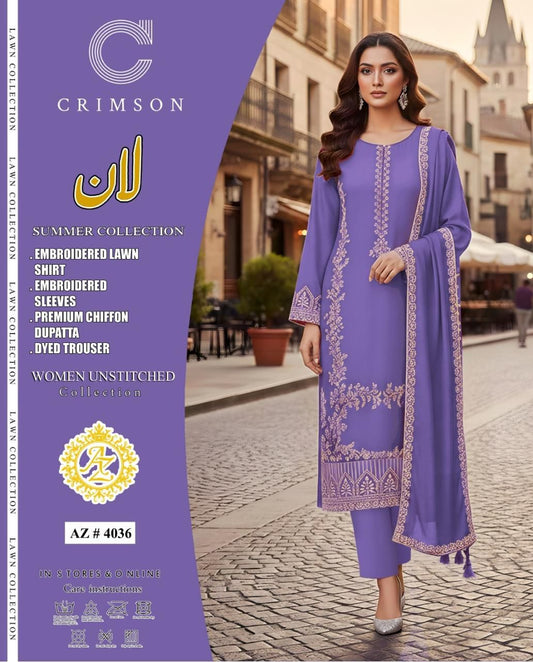 Crimson 3 Piece Unstitched Best Quality Airjet Lawn 90/70